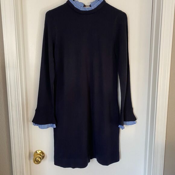 VINCE CAMUTO Blue Ruffled Peek a Boo Collar & Sleeve Sweater Mini Dress Size S - Picture 1 of 7